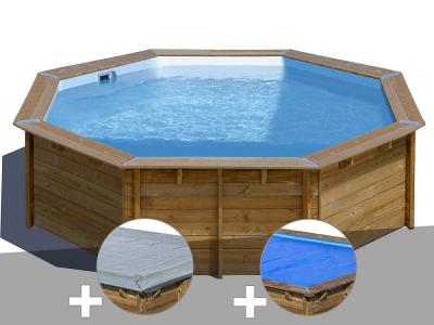 Kit piscine bois Gr&eacute; Violette &Oslash; 5,00 x 1,27 m + B&acirc;che hiver + B&acirc;che &agrave; bulles