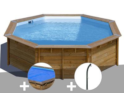 Kit piscine bois Sunbay Violette &Oslash; 5,11 x 1,24 m + B&acirc;che &agrave; bulles + Douche
