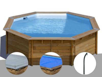 Kit piscine bois Gr&eacute; Violette &Oslash; 5,00 x 1,27 m + B&acirc;che hiver + B&acirc;che &agrave; bulles + Douche