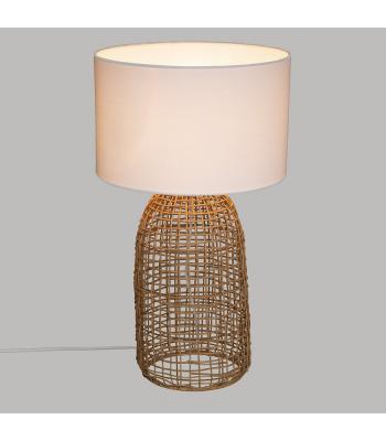 Lampe &agrave; poser en Rotin et Abat-jour Blanc H 55 cm