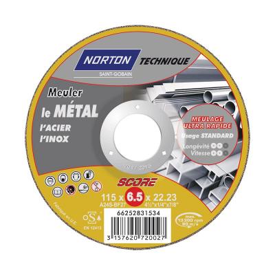 Meule d'&eacute;barbage &agrave; moyeu d&eacute;port&eacute; 115x6.5x22.2 specifA24 grain24