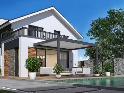 Pergola bioclimatique adoss&eacute;e Z&eacute;phir motoris&eacute;e aluminium/lames - grey - 3 x 4 m 