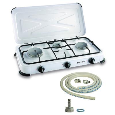 KEMPER - R&eacute;chaud gaz portable 3 feux 3450W Blanc laqu&eacute; Couvercle Plaque de cuisson + tuyau gaz