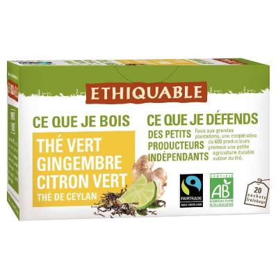 Sachets de th&eacute; vert de Ceylan gingembre citron vert (paquet 20 unit&eacute;s)