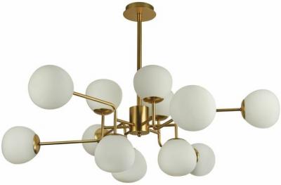 Ssupension moderne 12 lumi&egrave;res couleur laiton et sph&egrave;res en verre