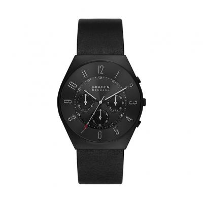 Skagen Grenen Chronograph Midnight Leather Strap Black Dial Quartz SKW6843 Montre Homme