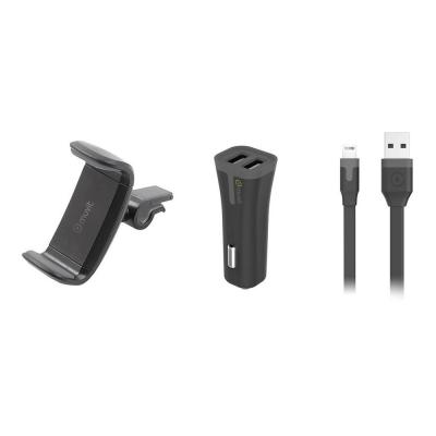 Support Smartphone Voiture + Chargeur Allume-Cigare 2A 2 USB + C&acirc;ble Lightning