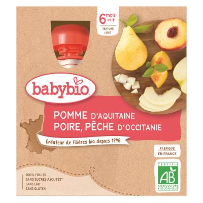 BABYBIO Fruits - Gourdes pomme, poire, p&ecirc;che d&egrave;s 6 mois 4x90g