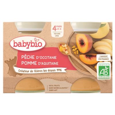 Babybio Petits Pots P&ecirc;che Pomme Bio d&egrave;s 4 mois 2x130g