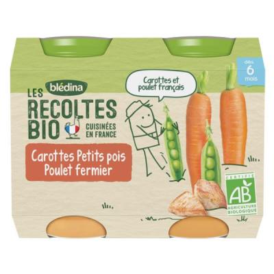 Petits pots carottes, petits pois, poulet fermier, d&egrave;s 6mois, bio