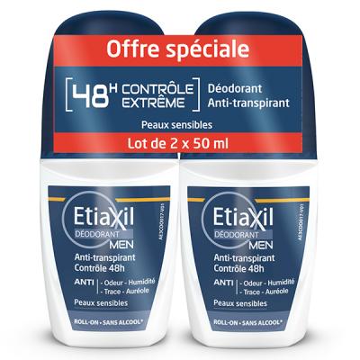 Etiaxil D&eacute;odorant Roll-On Men - Anti-Transpirant Contr&ocirc;le 48H, 2x50ml