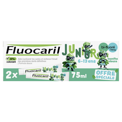 Fluocaril Junior, Dentifrice 6-12ans, Menthe Douce, 2x75ml