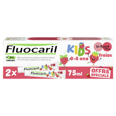 Fluocaril Kids Dentifrice Bi-Fluor&eacute; 0-6 Ans Fraise 2 x 75 ml - Lot 2 x 75 g