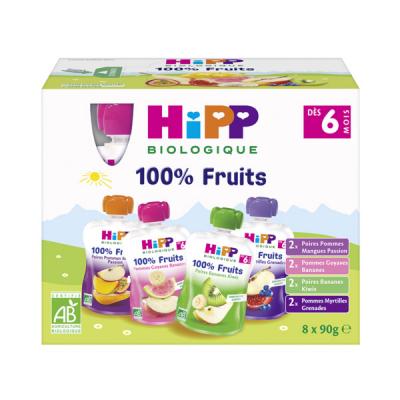 HIPP Gourdes 100% Fruits Multipack 4 Vari&eacute;t&eacute;s - 8 x 90g - D&egrave;s 6 mois
