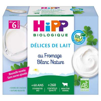 HIPP D&eacute;lices de Lait Fromage Blanc Nature - D&egrave;s 6 mois - 4 x 100g