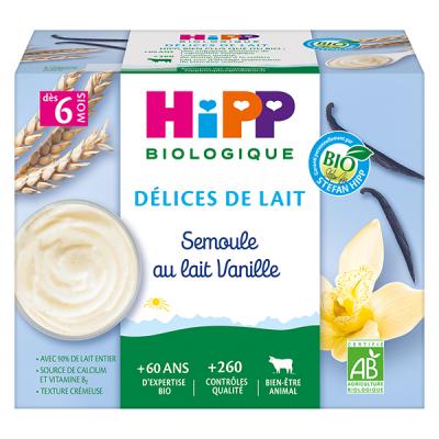 HIPP Semoule au Lait entier Coupelles - 4 x 100g Vanille - D&egrave;s 6 mois
