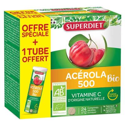 SUPERDIET acerola 500 bio 24 comprim&eacute;s s&eacute;cables + 12&agrave;croquer