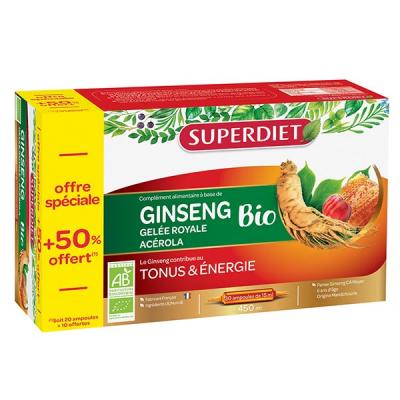 Ginseng Ac&eacute;rola Gel&eacute;e Royale Bio 20 ampoules +50% Super Diet