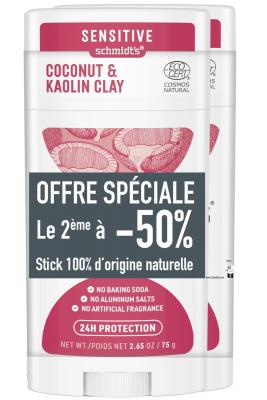 Schmidt's D&eacute;odorant Noix de Coco & Argile Lot de 2 - Stick 150 g