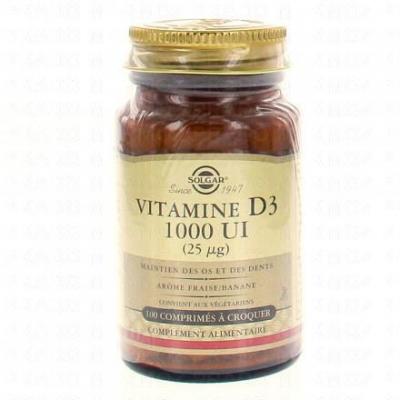 Solgar Vitamine D3 1000 Ui Comprim&eacute;s &agrave; Croquer - Flacon 100 comprim&eacute;s