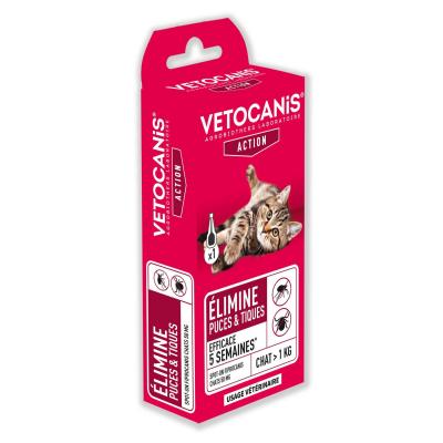 VETOCANIS Pipette Spot on Fipronil, Anti puces et Anti-Tiques - Pour Chat