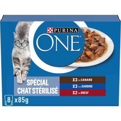 Lot mixte PURINA ONE Sp&eacute;cial Chat St&eacute;rilis&eacute; 8 x 85 g - canard, boeuf, sardine