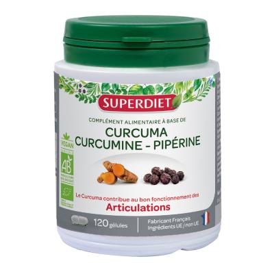 SUPERDIET Curcuma, curcumine piperine bio 120 g&eacute;lules