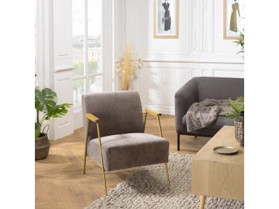 Fauteuil lounge tissu taupe m&eacute;tal dor&eacute; accoudoirs bois