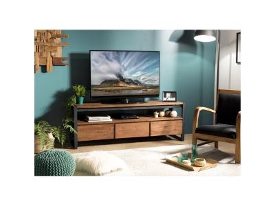 Meuble Tv SIXTINE 3 Tiroirs Et 1 &Eacute;tag&egrave;re Bois Teck Recycl&eacute; Et M&eacute;tal