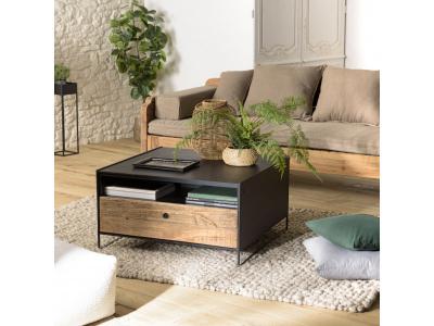 Table basse noire 80x80cm 1 tiroir bois Pin recycl&eacute; et m&eacute;tal DANDY