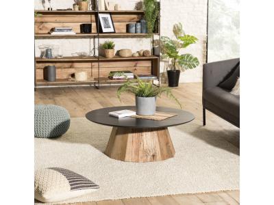 Table basse ronde Pin recycl&eacute; et contreplaqu&eacute; DANIDO