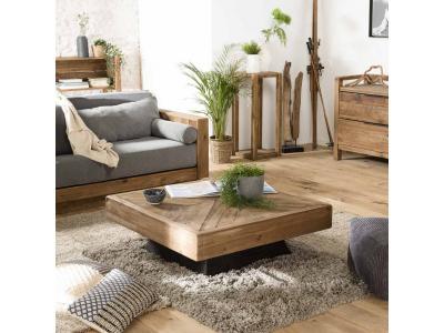 Table basse carr&eacute;e en pin recycl&eacute; pi&egrave;tement noir L99