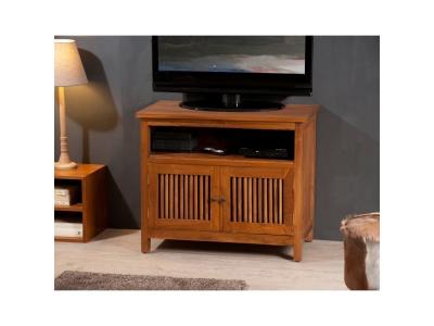 Meuble TV 2 portes persiennes en teck style colonial - Miel