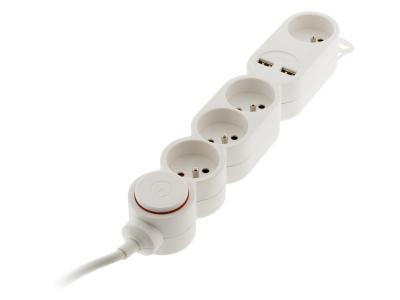 Bloc 4x16A + inter blanc c&acirc;ble HO5VV-F 3G1 1,5m + 2xUSB 2,1A &eacute;quip&eacute; d'une fiche extraplate
