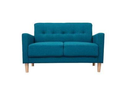 Canap&eacute; scandinave 2 places en tissu bleu canard et bois clair MOON