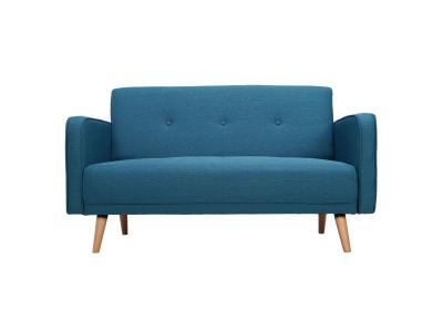 Canap&eacute; scandinave 2 places en tissu bleu canard et bois clair ULLA