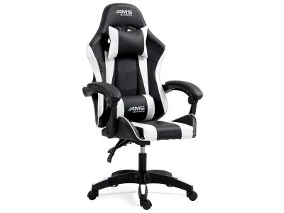 Chaise GAMER#02-WHITE coloris noir & blanc - coussin lombaire & appuie t&ecirc;te - Si&egrave;ge gaming