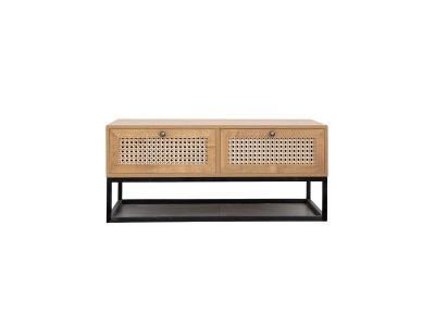 Table basse marron 4 tiroirs effet cannage pieds m&eacute;tal noir CHARLIE