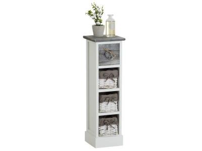 Chiffonnier FLOWER avec 1 tiroir et 3 paniers, en bois de paulownia blanc et gris