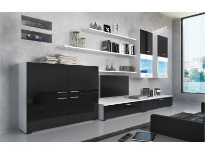 Ensemble de meubles, meuble tv, ilumin. Led, noir laqu&eacute;/blanc mate, 300x189x42cm