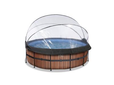 Piscine Wood &oslash;427x122cm avec pompe filtrante &agrave; sable et d&ocirc;me et pompe &agrave; chaleur - marron