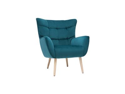 Fauteuil scandinave en tissu velours bleu p&eacute;trole et bois clair AVERY