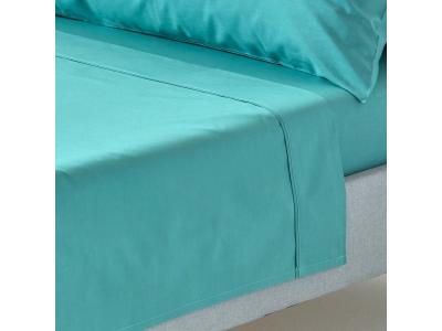 Drap plat uni 100 % coton &eacute;gyptien 200 fils sarcelle 270 x 300 cm