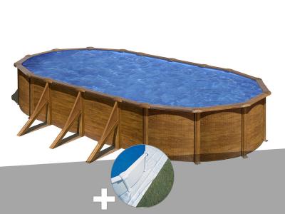 Kit piscine acier aspect bois Gr&eacute; Pacific ovale 7,44 x 3,99 x 1,22 m + Tapis de sol