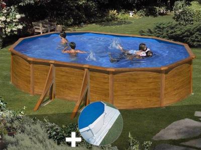 Kit piscine acier aspect bois Gr&eacute; Sicilia ovale 5,27 x 3,27 x 1,22 m + Tapis de sol