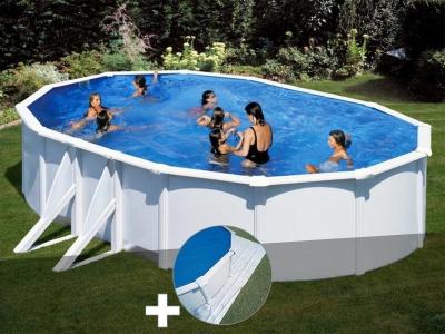 Kit piscine acier blanc Gr&eacute; Bora Bora ovale 6,34 x 3,99 x 1,22 m + Tapis de sol