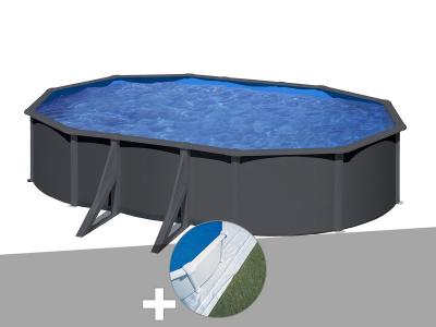 Kit piscine acier gris anthracite gr&eacute; louko ovale 6,34 x 3,99 x 1,22 m + tapis de sol
