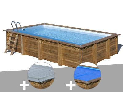 Kit piscine bois Gr&eacute; Evora 6,20 x 4,20 x 1,33 m + B&acirc;che hiver + B&acirc;che &agrave; bulles
