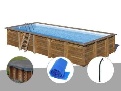 Kit piscine bois Gr&eacute; Braga 8,15 x 4,20 x 1,46 m + B&acirc;che hiver + B&acirc;che &agrave; bulles + Douche