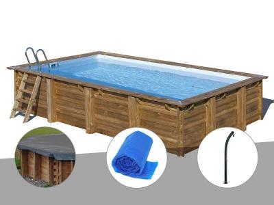 Kit piscine bois Gr&eacute; Evora 6,20 x 4,20 x 1,33 m + B&acirc;che hiver + B&acirc;che &agrave; bulles + Douche